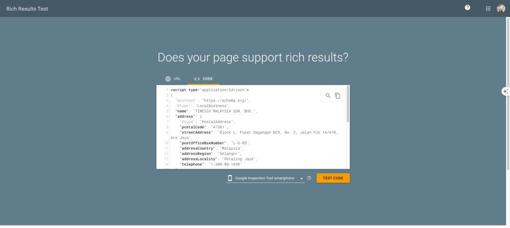 Click on the ‘test code button in the Rich Results Test page