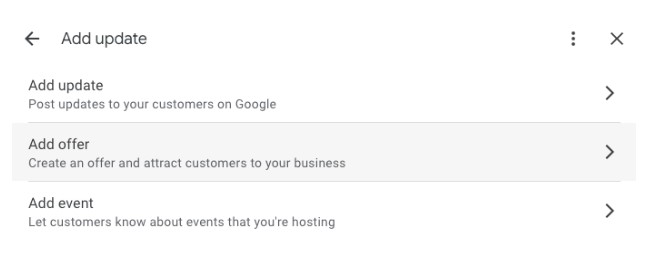 You have the option to add an update, offer or event.