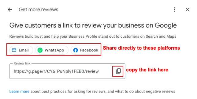 Share the review links to email, WhatsApp, or Facebook, or copy the link.