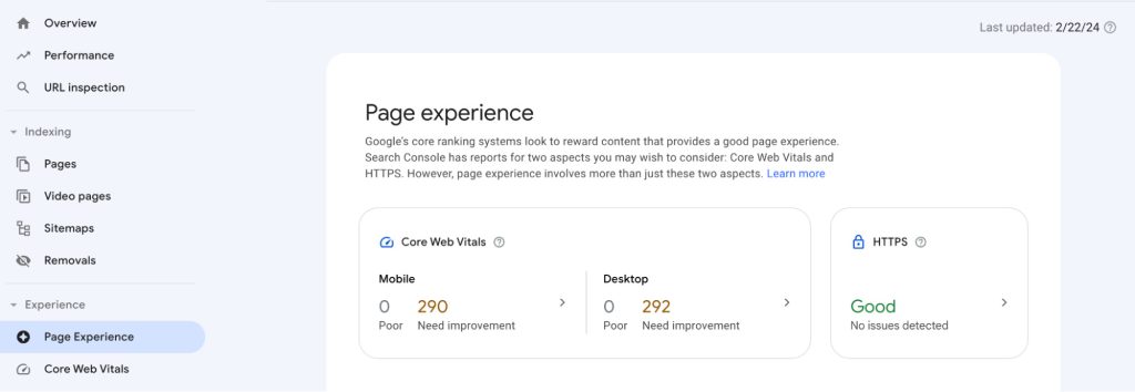 Page Experience page in Google Search Console helps identify mobile usability issues