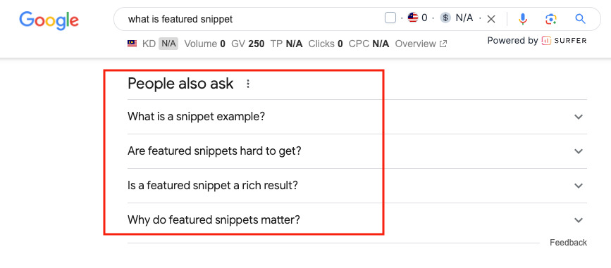 People Also Ask (PAA) box for related questions based on the user’s search query