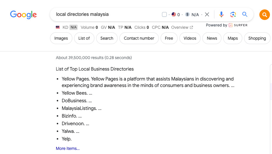 Search for ‘local directories Malaysia on Google 1