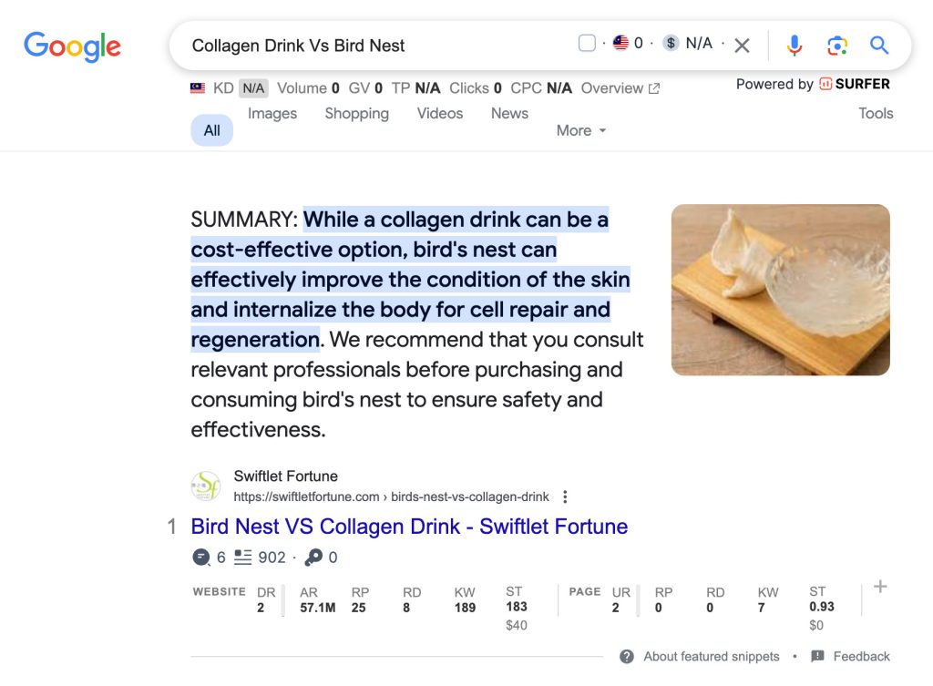 Swiftlet Fortune won a featured snippet in SERP for the keyword ‘collagen drink vs bird nest