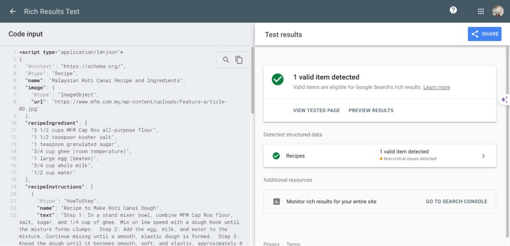 Testing Recipe schema using Google Rich Results Test tool 1
