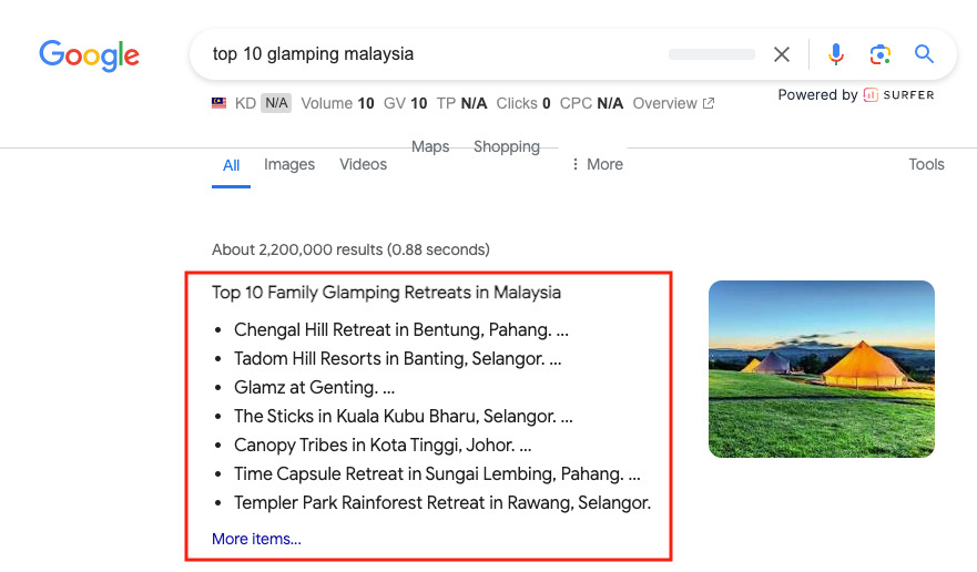 Featured Snippet for top 10 glamping in Malaysia