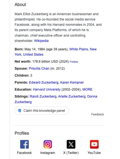 Knowledge Panel for Mark Zuckerberg in SERP