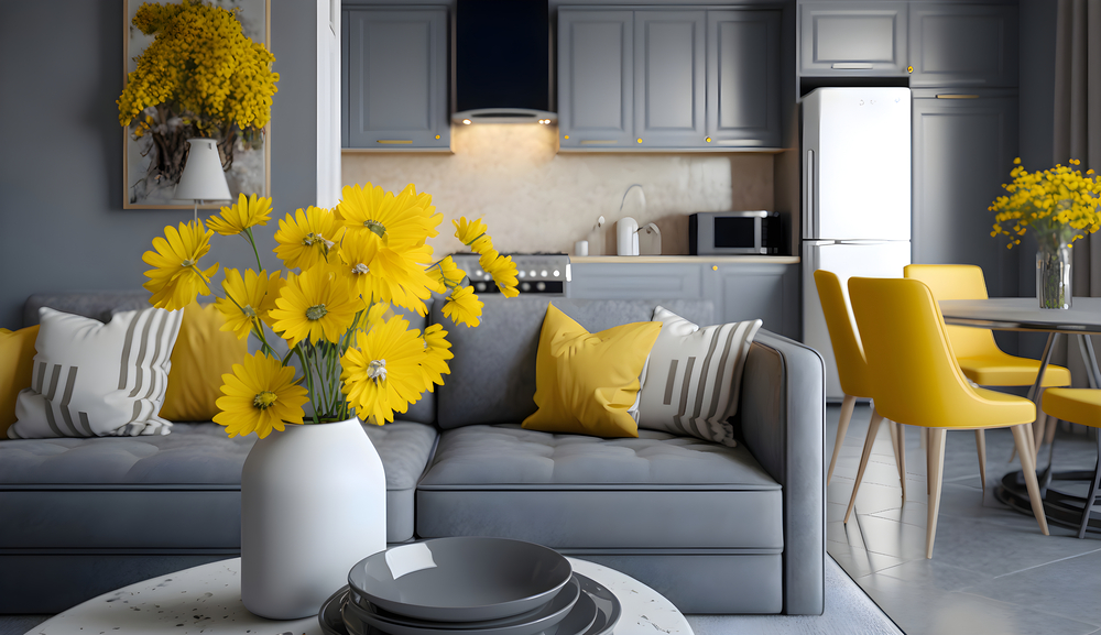 yellow flowers counter open space living dining room interior with grey lounge furniture generative ai