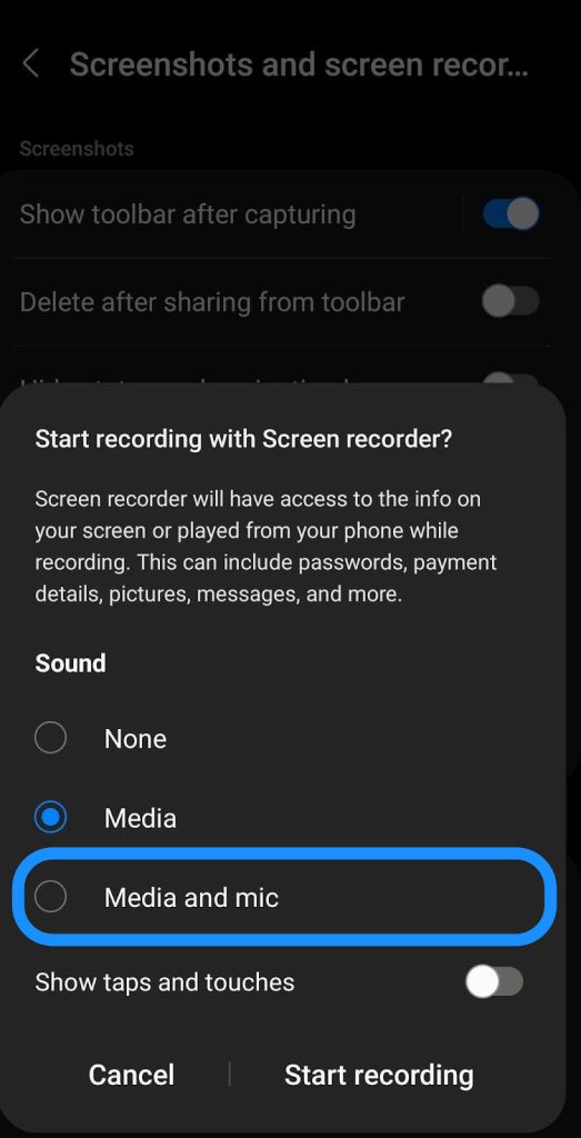 Click the microphone icon to screen record with audio